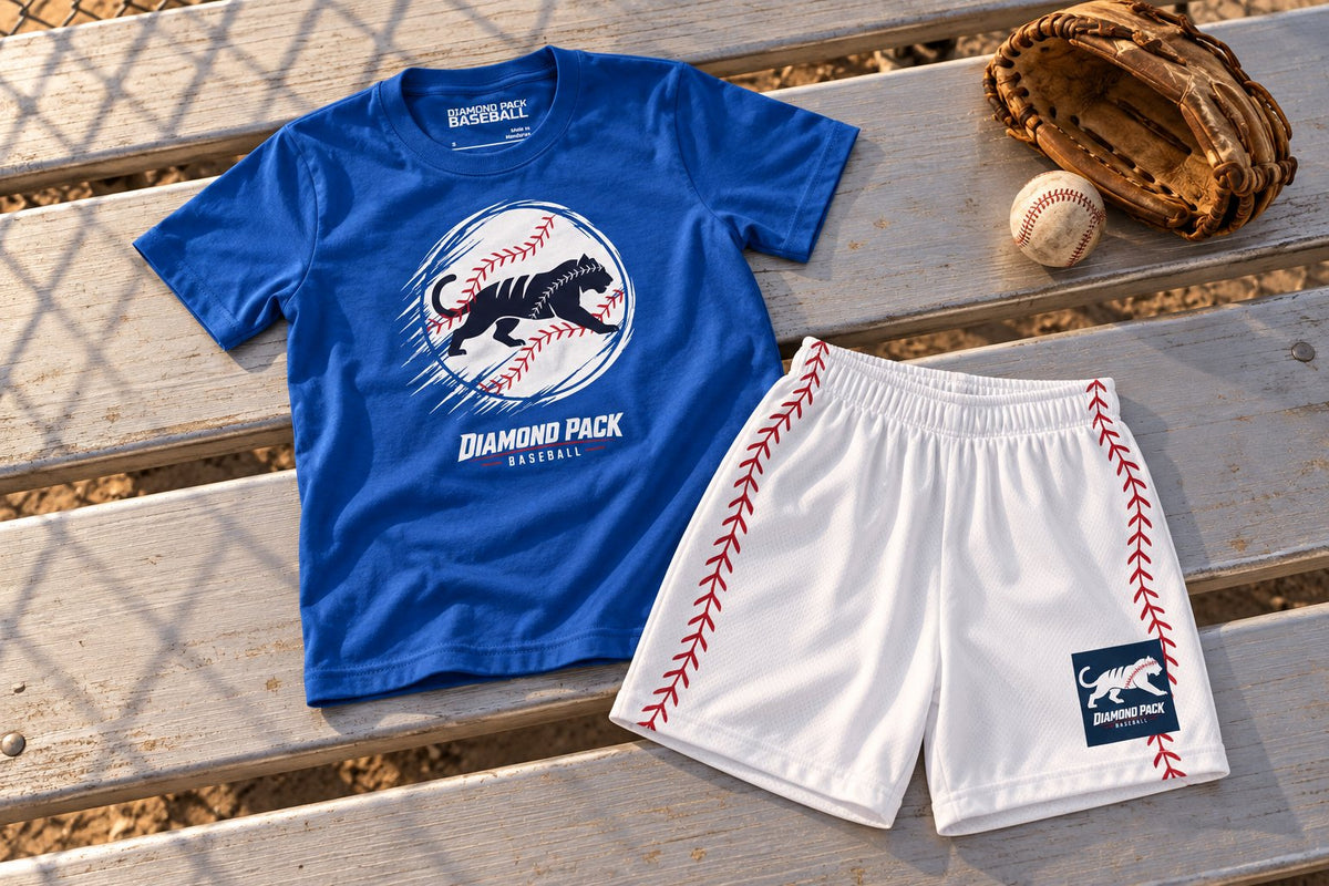 Royal Blue Tiger Seams Wild tee and white baseball-seam shorts on ballpark bleachers